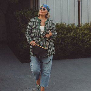 MANGO long plaid cardigan with Chanel style buttons, size L